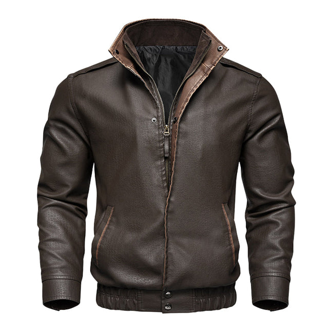 Men's Genuine Leather Bomber Jacket | Double Collar | Front Zip Closure | Brown | Sizes M-3XL | Long Sleeve | Multiple Pockets | Classic Pilot Style | Waist Length | Winter Fall Outerwear