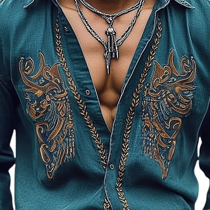 Men's Vintage Embroidered Denim Shirt | Long Sleeve | Classic Point Collar | Button Cuffs | Relaxed Fit | Durable Denim | Artistic Embroidery | Casual & Cultural Events | Machine Washable | Timeless Style
