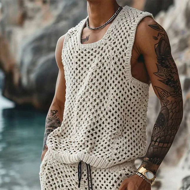 Men's Knitted Vest Shorts Set | Vacation Outfit | Lightweight Breathable Fabric | Textured Knit Design | V-Neck Sleeveless Vest | Casual Summer Two-Piece | Perfect for Beach Trips & Poolside Lounging