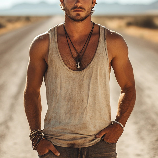 Men's Vintage Distressed Tank Top | Crew Neck | Retro Print | Comfortable Fabric | Sleeveless | Casual Fit | Versatile Style | Ideal for Warm Weather & Layering