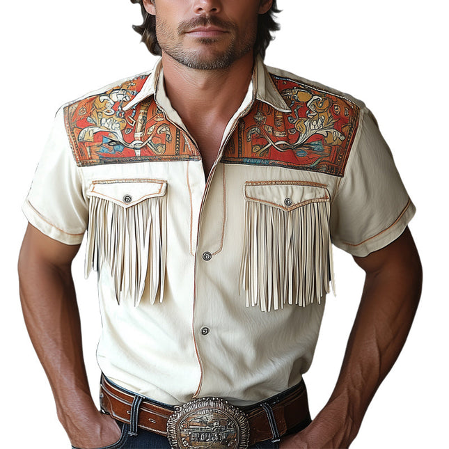 Men's Western Cowboy Shirt | Tassel Short Sleeve | Summer Cotton Top | Classic Lapel Collar | Lightweight & Breathable Fabric | Relaxed Fit | Versatile Casual Wear | Available in Small to 3XL | Easy-Care Maintenance