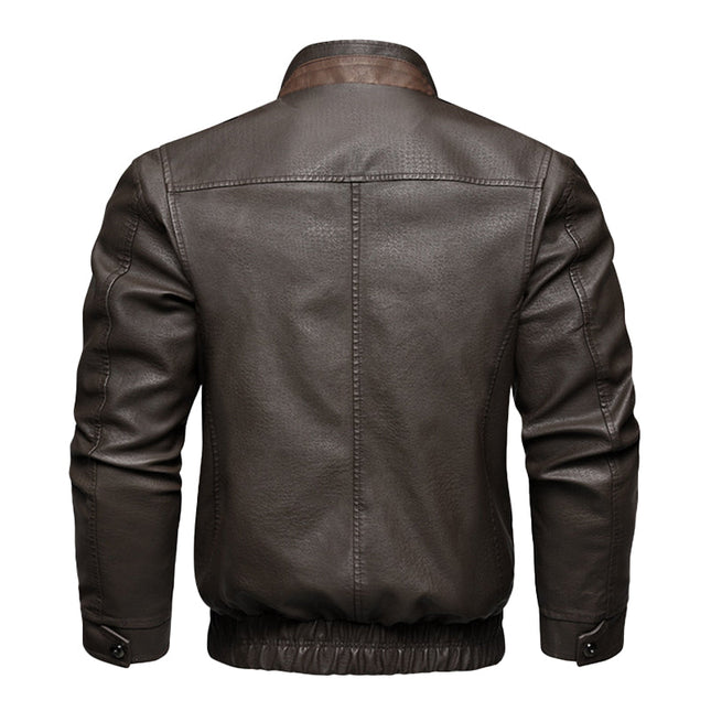 Men's Genuine Leather Bomber Jacket | Double Collar | Front Zip Closure | Brown | Sizes M-3XL | Long Sleeve | Multiple Pockets | Classic Pilot Style | Waist Length | Winter Fall Outerwear