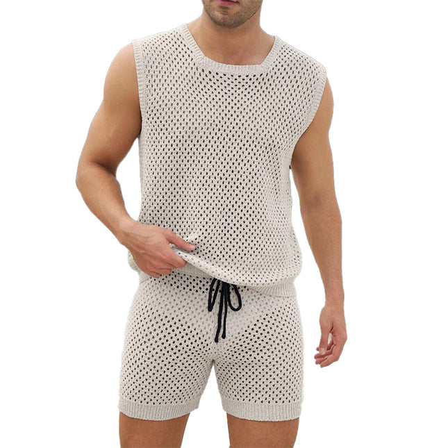 Men's Knitted Vest Shorts Set | Vacation Outfit | Lightweight Breathable Fabric | Textured Knit Design | V-Neck Sleeveless Vest | Casual Summer Two-Piece | Perfect for Beach Trips & Poolside Lounging