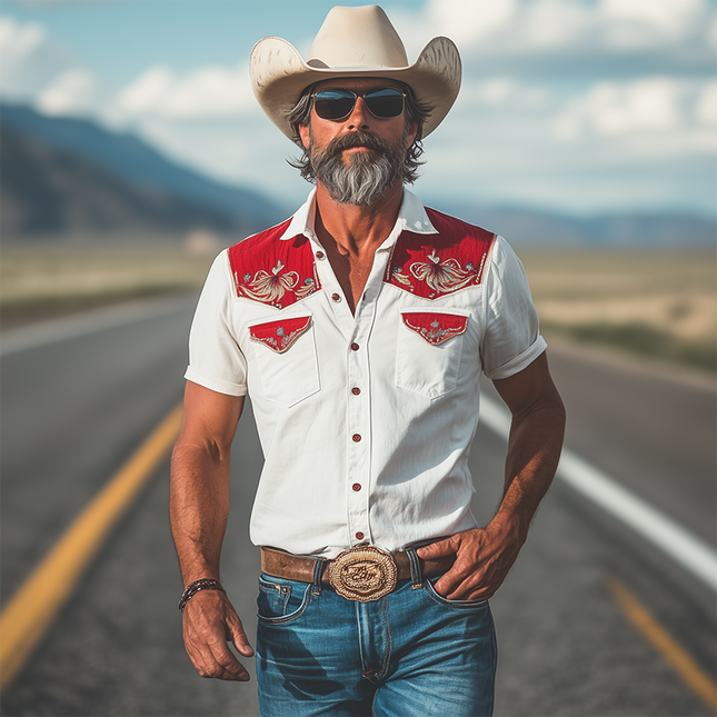 Men's Retro Western Cowboy Shirt | Cotton Linen Blend | Slim Fit | Lapel Collar | Embroidery Detail | Short Sleeves | Spring Summer Fashion | Comfort & Style | Breathable Fabric | Smart-Casual Edge
