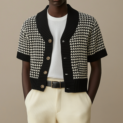Men's Short Sleeve Cardigan | Contrast Houndstooth Jacquard Knit | Single Breasted | Casual Layering | Premium Fabric | Stylish & Comfortable | Versatile Smart Casual Outerwear
