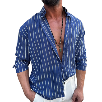 Men's Striped Long Sleeve Loose Fit Lapel Collar Shirt | Casual Wear | Soft Breathable Fabric | Modern Striped Design | Versatile Men's Top | Regular Fit | Comfortable Everyday Outfit | Stylish Men's Apparel