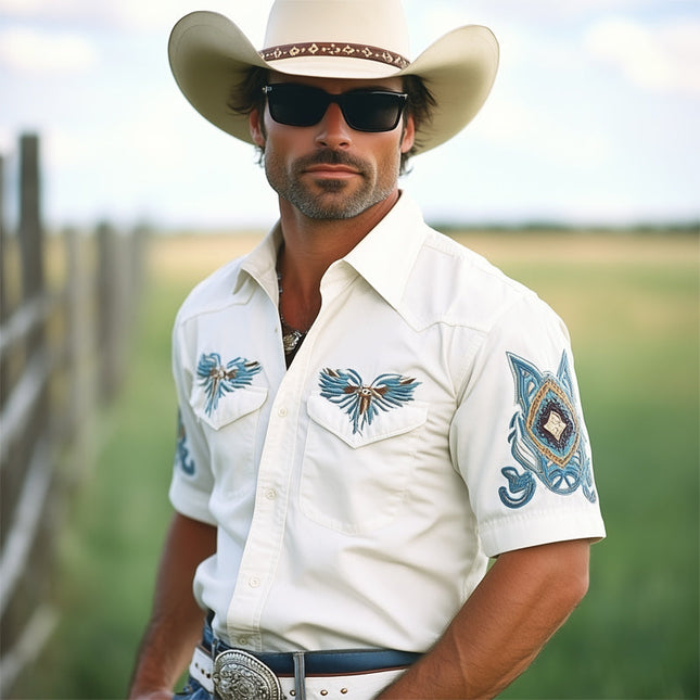 Men's Western Cowboy | Vintage Embroidered Shirt | Short Sleeve | Classic Spread Collar | Comfortable Cotton Blend | Button-Up Front | Stylish Casual Wear