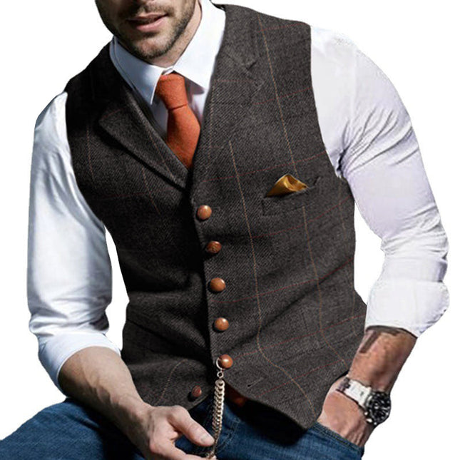 Men's Woolen Plaid Suit Vest | Groomsmen Vintage Check | Lapel Collar | Single-Breasted | Soft Fabric | Casual Outerwear | Sleeveless
