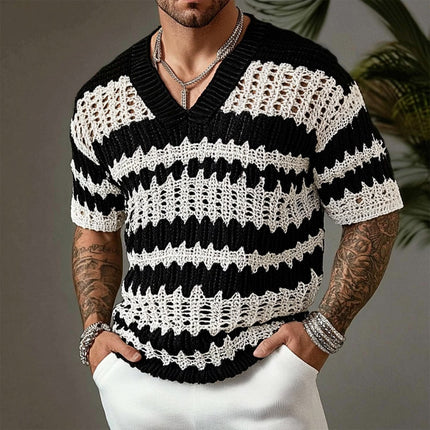 Men's V-neck Short-sleeved Sweater T-Shirt | Contrast Color | Soft Knitted Fabric | Casual Spring Summer Top | Lightweight & Breathable | Modern Sophisticated Style | All-day Comfort