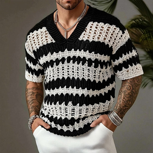 Men's V-neck Short-sleeved Sweater T-Shirt | Contrast Color | Soft Knitted Fabric | Casual Spring Summer Top | Lightweight & Breathable | Modern Sophisticated Style | All-day Comfort