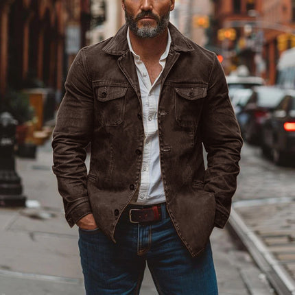 Men's Vintage Leather Jacket | Heavy Washed Leather | Lapel Collar | Single Breasted | Multi-Pocket Design | Durable Outerwear | Classic Style | Casual Workwear