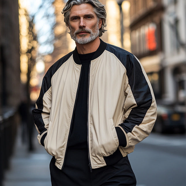 Men's Retro Zipper Baseball Jacket | Black Camel Colorblock | Ribbed Collar Cuffs Hem | Vintage Style Outerwear | Long Sleeves | Regular Fit | Polyester Cotton Blend | Casual Sporty Look