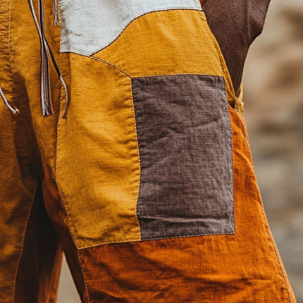 Men's Linen Shorts | Contrast Color Patchwork Design | Casual Elastic Waist | Breathable Summer Wear | Versatile for Beach & Outings | Sizes S-XXXL
