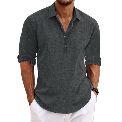 Men's Solid Color Pullover Shirt | Cotton & Linen Blend | Lapel Collar | Roll-Up Sleeves | Casual Long Sleeve Top | Breathable Fabric | Versatile Style