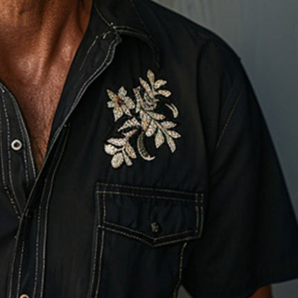 Men's Western Light Denim Short Sleeve Shirt | Floral Embroidered | Casual Point Collar | Size S-XXXL | Summer Fashion | Comfortable Fabric