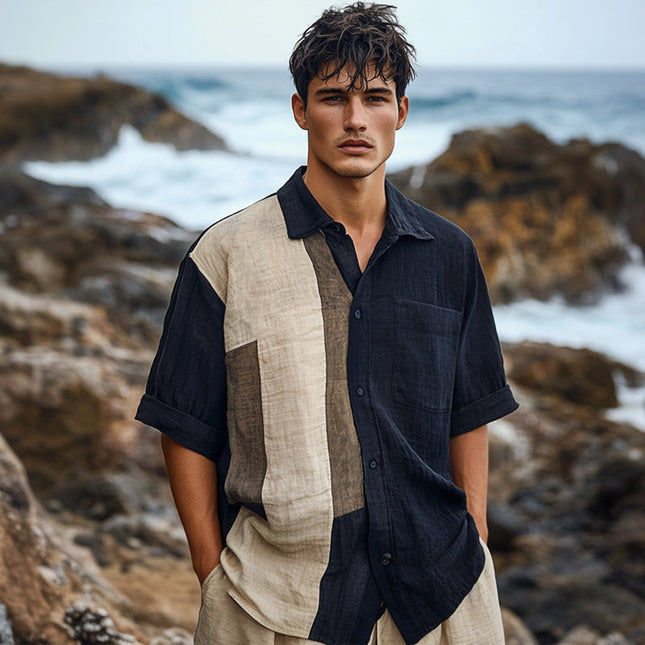 Men's Ice Silk Short Sleeve Shirt | Casual Color Block Design | Skin-friendly | Wrinkled Texture | Breathable Fabric | Summer Cool | Stylish Button-Down Top | Lightweight & Comfortable