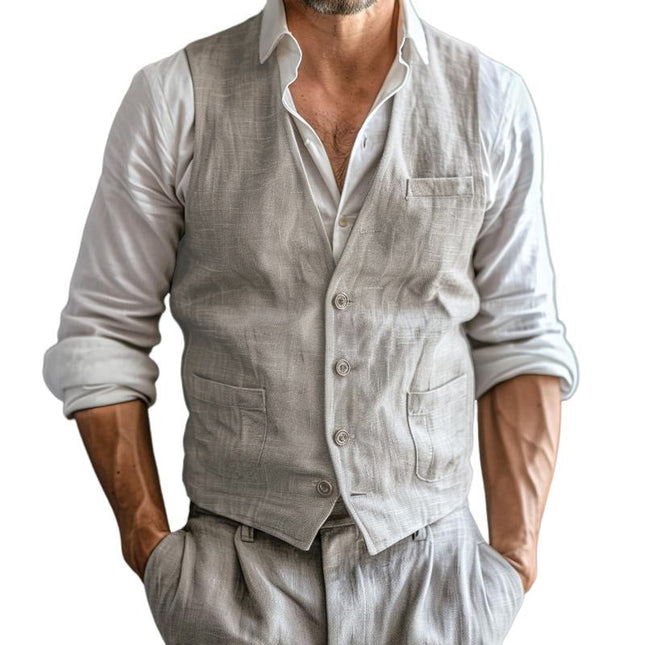 Men's Vest | Casual Cotton Linen | V-neck Single-breasted | Patch Pockets | Breathable Soft Fabric | Durable Slim Fit | Versatile Layering | Easy Care | Multiple Colors | Sophisticated Everyday Style