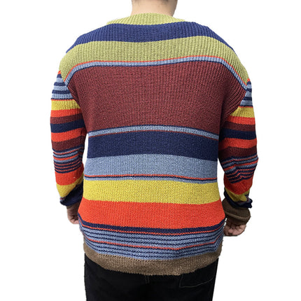 Men's Rainbow Stripe V-Neck Knit Sweater | Vintage Style | Soft Knitted Fabric | Relaxed Fit | Casual Outerwear | Autumn Winter Spring | Machine Washable | Classic Fit | Stylish and Warm