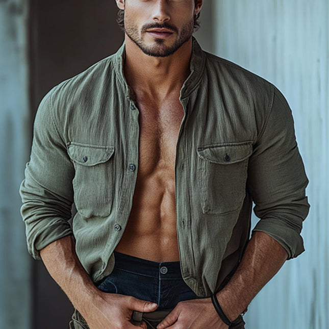 Men's Striped Textured Shirt | Stand Collar | Long Sleeve | High-Quality Fabric | Contemporary Twist | Breathable Comfort | Machine Washable | Versatile Style for Casual & Semi-Formal Occasions