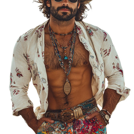 Men's Long Sleeve Bohemian Print Shirt | Vacation Wear | Lightweight Button-Down | Artistic Pattern | Comfortable Fabric | Versatile Styling | Casual Summer Look | Relaxed Fit | Eclectic Design
