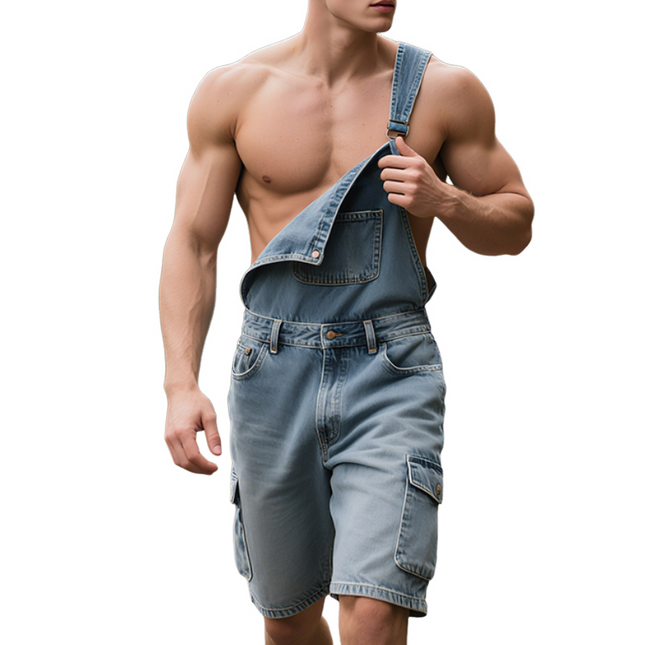 Men's Vintage Style Washed Denim Bib Shorts | Retro Casual Loose Fit | Adjustable Waistband | Breathable and Durable | Ideal for Spring and Summer | Versatile Outdoor Wear | Sizes S-3XL