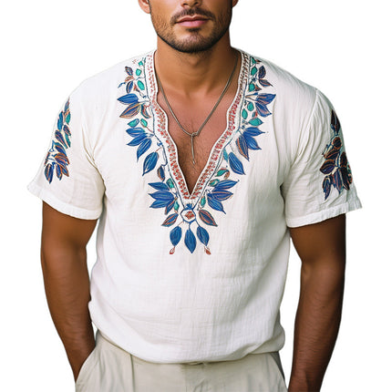 Men's V-Neck T-Shirt | Retro Blue Leaf Embroidery | Short Sleeve | Cotton Blend | Casual Wear | Vintage Aesthetic | Modern Fit | Comfortable Breathable Design