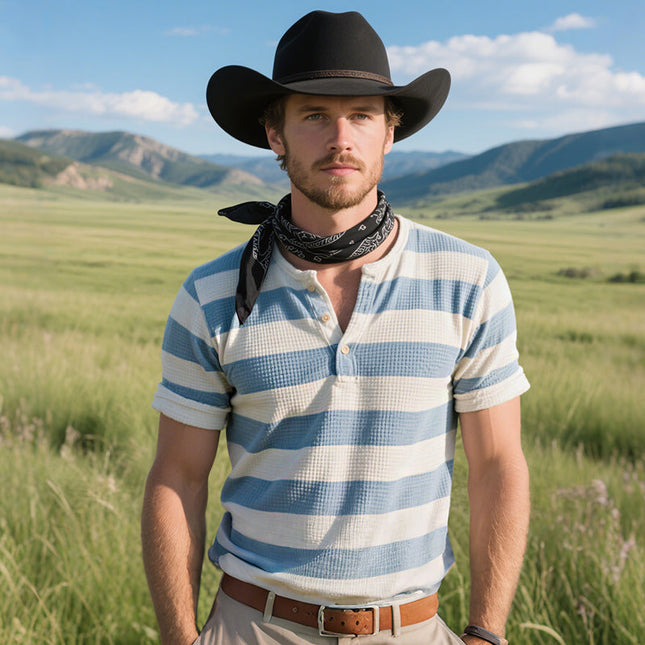 Men's Retro Western Striped Print T-Shirt | Casual Waffle Henley Collar | Short Sleeve | Breathable Cotton | Vintage Cowboy Style | Comfortable Fit | Versatile Casual Fashion