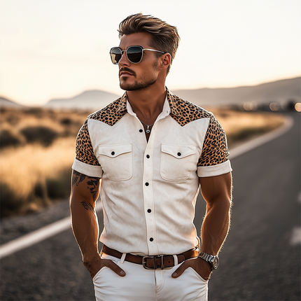 Men's Retro Western Cowboy Shirt | Suede Stitching | Leopard Print | Short Sleeve | Premium Fabric | Button-Down | Tailored Fit | Vintage Style | Casual Shirt | Fashion Forward | Breathable Summer Top