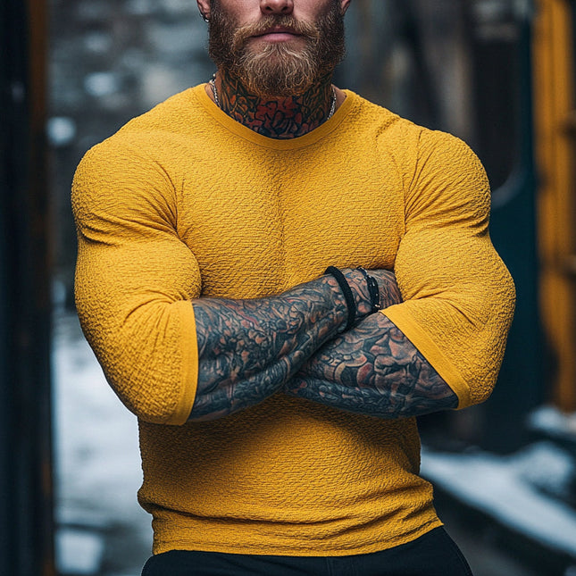 Men's Long Sleeve Textured Round Neck T-Shirt | Solid Color | Versatile Casual & Semi-Formal Wear | Comfortable Fit | High-Quality Durable Fabric | Modern Silhouette | Multiple Colors Available