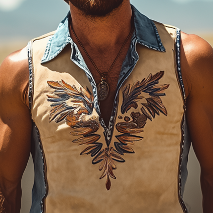 Men's Retro Western Cowboy Tank Top | Denim Stitching | Suede Embroidered | Sleeveless | Summer Fashion | Lightweight | High-Quality | Casual Outdoor Wear | Breathable Fabric | Versatile Styling Options