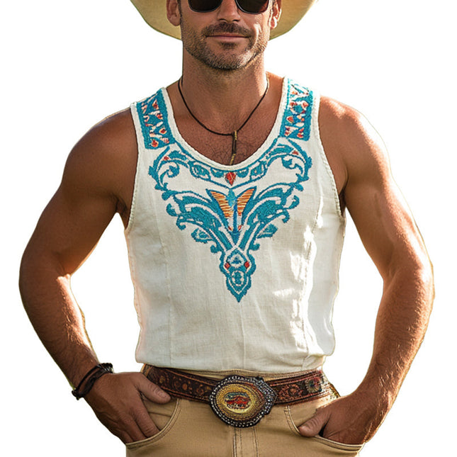 Men's Western Style Tank Top | Vintage Embroidered Cotton Blend | Cowboy Aesthetic | Relaxed Fit Scoop Neck | Breathable Sleeveless Design | Casual Summer Clothing | Versatile with Jeans or Shorts
