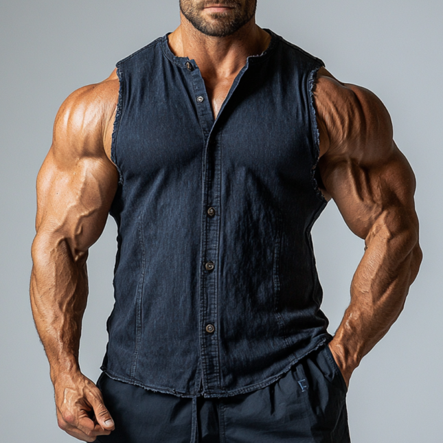 Men's Denim Sleeveless Shirt | Vintage Washed Distressed | Stand Collar | Slim Fit | Streetwear Edge | Breathable Durable Material | Modern Tailored Look | Casual Summer Fashion | Versatile Layering