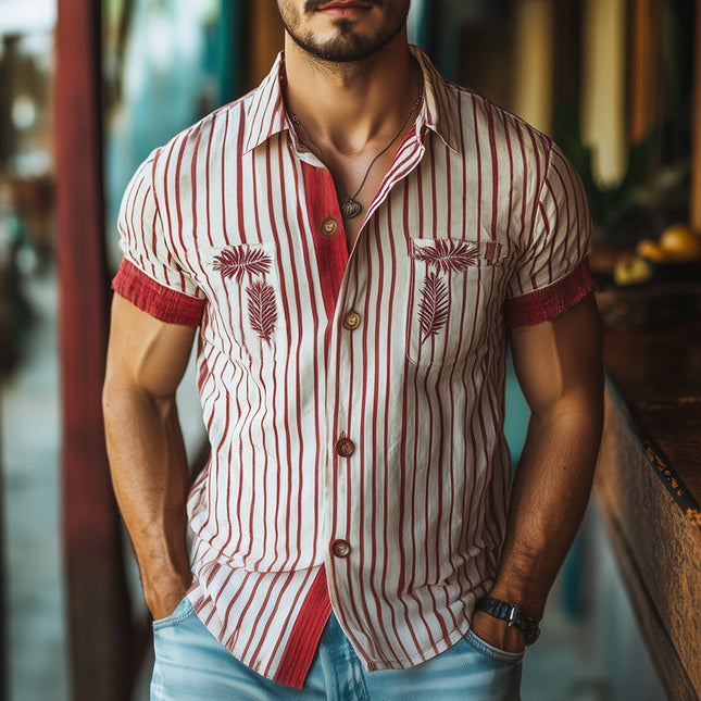 Men's Summer Shirt | Red Striped | Leaves Embroidered | Short Sleeve | Lightweight Cotton Blend | Spread Collar | Casual Wear | Sizes S-3XL | Perfect for Beach & Parties