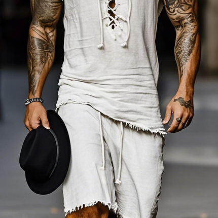 Men's Summer Outfit | Cotton Linen Blend | Lace-Up V Neck Sleeveless Tank Top | Elastic Waist Shorts | Casual Beachwear Set | Breathable Lightweight | Relaxed Fit | Stylish Men's Clothing