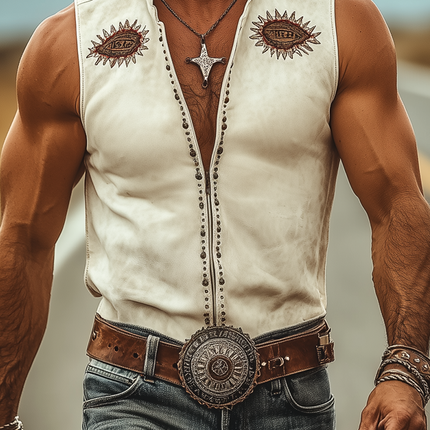 Men's Western Suede Shirt | Sleeveless Slim Fit | Velvet Embroidery & Rivet Details | Zipper Front | Retro Cowboy Style | Casual Spring & Summer Wardrobe
