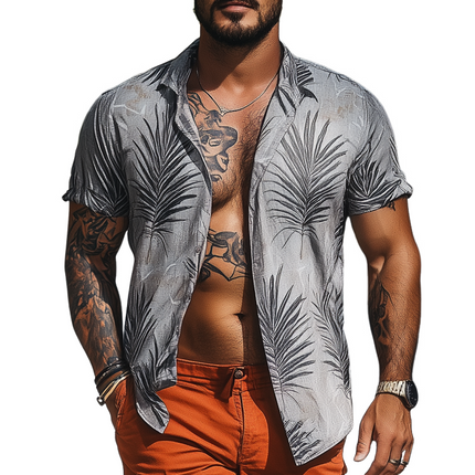 Men's Summer Casual Shirt | Short Sleeve | Coconut Leaf Lapel Detail | Tropical Style | Lightweight Fabric | Ideal for Beach & Holiday Wear | Relaxed Fit | Breathable Cotton Blend | Fashionable & Eye-Catching