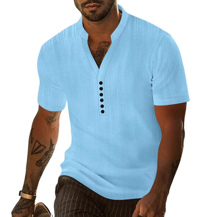 Men's Short Sleeve Solid Color T-Shirt | Casual Pullover with Button Detail | Comfortable Cotton Blend | Modern Fit | Versatile Wardrobe Essential | Stylish Neckline | Ideal for Warm Weather | MTA0625E4X