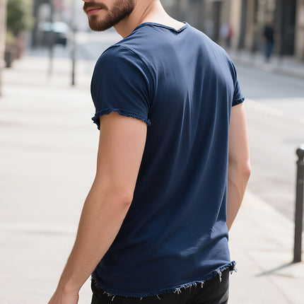 Men's Retro Cotton T-Shirt | Solid Color | Ripped V-Neck | Short Sleeve | Soft & Breathable 100% Cotton | Casual Vintage Style | Perfect for Layering | Comfortable Fit | Sizes S to 3XL