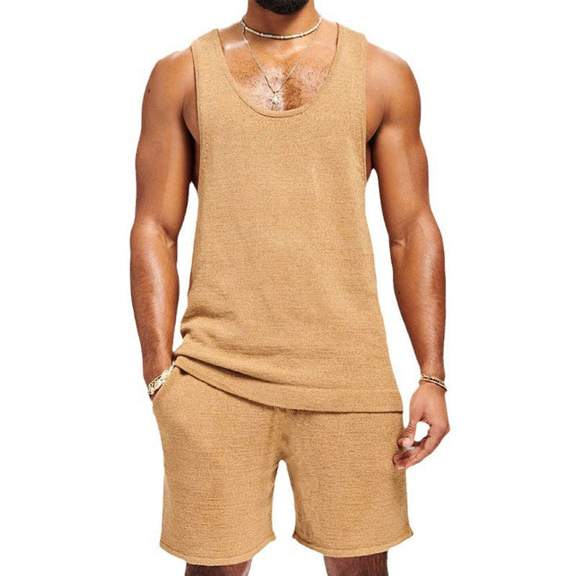 Men's Casual Vest Shorts Set | Solid Color Two-Piece Outfit | Summer Sleeveless Top with Adjustable Drawstring Shorts | Breathable Fabric for Comfort | Versatile Style Ideal for Warm Weather Outings