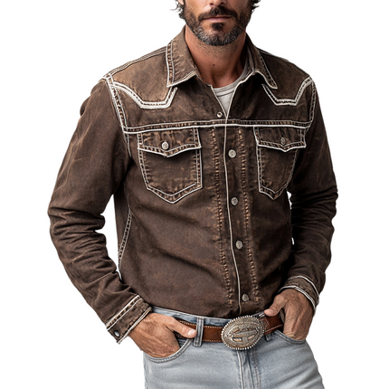 Men's Denim Shirt | Vintage Coffee Wash | Long Sleeve | Regular Fit | Classic Point Collar | Button-Up Front | Two Chest Pockets | Contrast Stitching | Machine Washable | Durable | Casual & Dress Styling