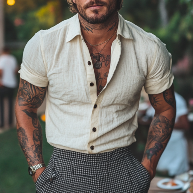 Men's Linen Short Sleeve Shirt | Breathable Vacation Attire | Loose Fit with Slim Cut | Lapel Collar Design | Lightweight Moisture-Wicking Fabric | Ideal for Summer | Casual & Versatile | Comfortable & Stylish Wear