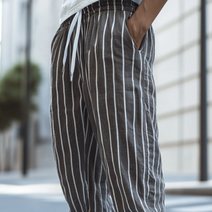 Men's Casual Striped Cotton Linen Pants | Breathable Elastic Waist | Loose Fit Cuffed Trousers | Comfortable Everyday Wear