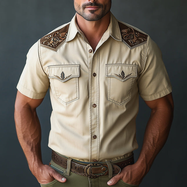 Men's Western Cowboy Shirt | Embroidered Short Sleeve | Cotton Casual Button-Down | Classic Wild West Style | Breathable Summer Wear | Front Yoke Design | S to 3XL Sizes | Country Music Festival Fashion