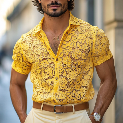 Men's Casual Shirt | Short Sleeve | Lace Lapel Detailing | Button-Front Closure | Relaxed Fit | Soft Breathable Fabric | Elegant Design for Casual Outings & Social Events | Comfortable Cotton Blend | Multiple Sizes