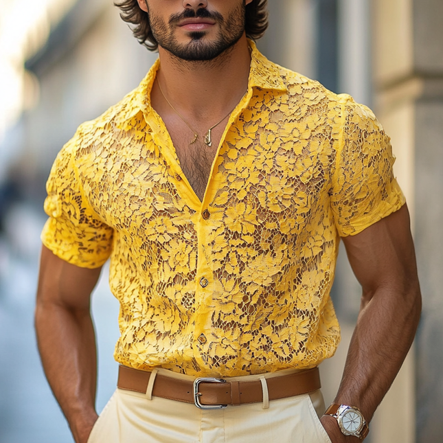 Men's Casual Shirt | Short Sleeve | Lace Lapel Detailing | Button-Front Closure | Relaxed Fit | Soft Breathable Fabric | Elegant Design for Casual Outings & Social Events | Comfortable Cotton Blend | Multiple Sizes