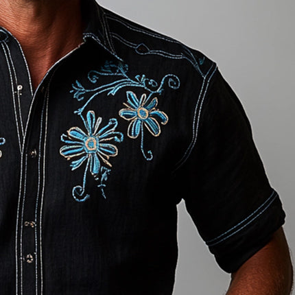 Men's Embroidered Denim Style Shirt | Cotton Blend | Short Sleeve | Casual Summer Top | Breathable & Durable | Versatile Colors | Comfortable Relaxed Fit | Stylish Embroidery | Ideal for Day & Evening