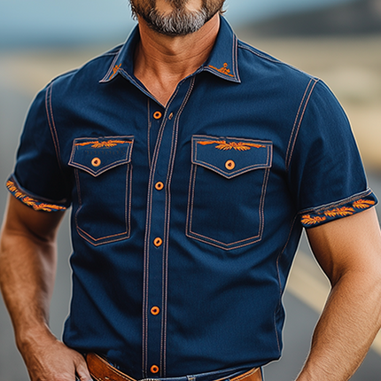 Men's Western Cowboy Shirt | Washed Tencel Denim | Short Sleeve | Slim Fit | Cuff Embroidery | Spring Summer Fashion | Casual Style | Breathable & Lightweight | Tailored Silhouette