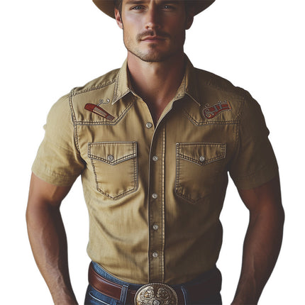 Men's Denim Shirt | Western Cowboy Style | Accordion Embroidery | Short Sleeve | Casual Button-Down | Rustic Charm | High-Quality Denim | Lapel Collar | Comfortable Fit | M-3XL Sizes | Perfect for Casual Outings