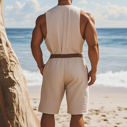 Men's Cotton Linen Jumpsuit | Summer Fashion Casual Style | Hawaiian Vacation Wear | Deep V-Neck | Relaxed Fit | Breathable Fabric | Versatile One-Piece | Perfect for Beach Outings and Gatherings