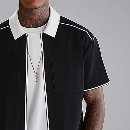 Men's Shirt | Black & White Zip Lapel | Short Sleeve | Casual & Elegant | Polyester-Cotton Blend | Front Zip Closure | Lapel Collar | Versatile Design for Any Occasion | Sizes S-3XL